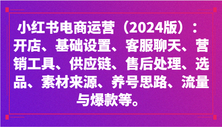 小红书电商运营（2024版）：开店、设置、供应链、选品、素材、养号、流量与爆款等