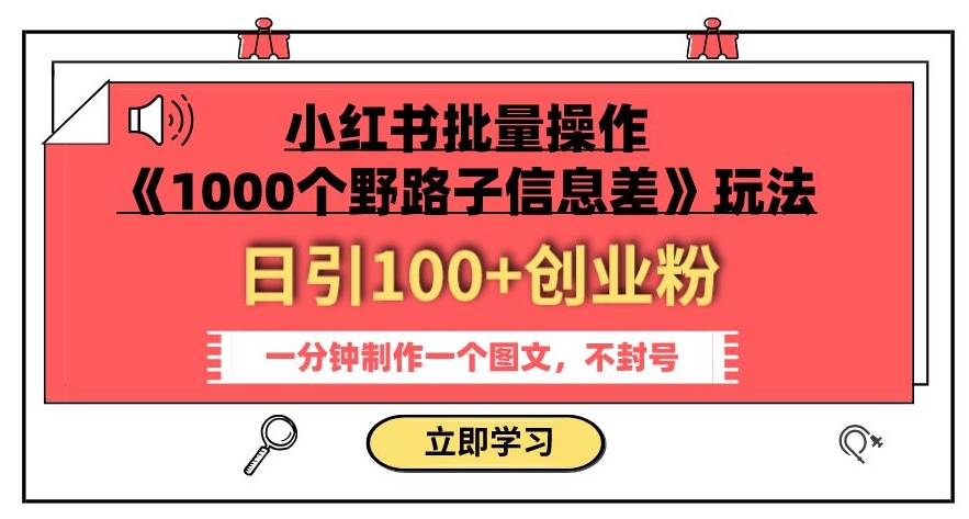 小红书批量操作《1000个野路子信息差》玩法，一分钟制作一个图文，不封号，日引100+创业粉